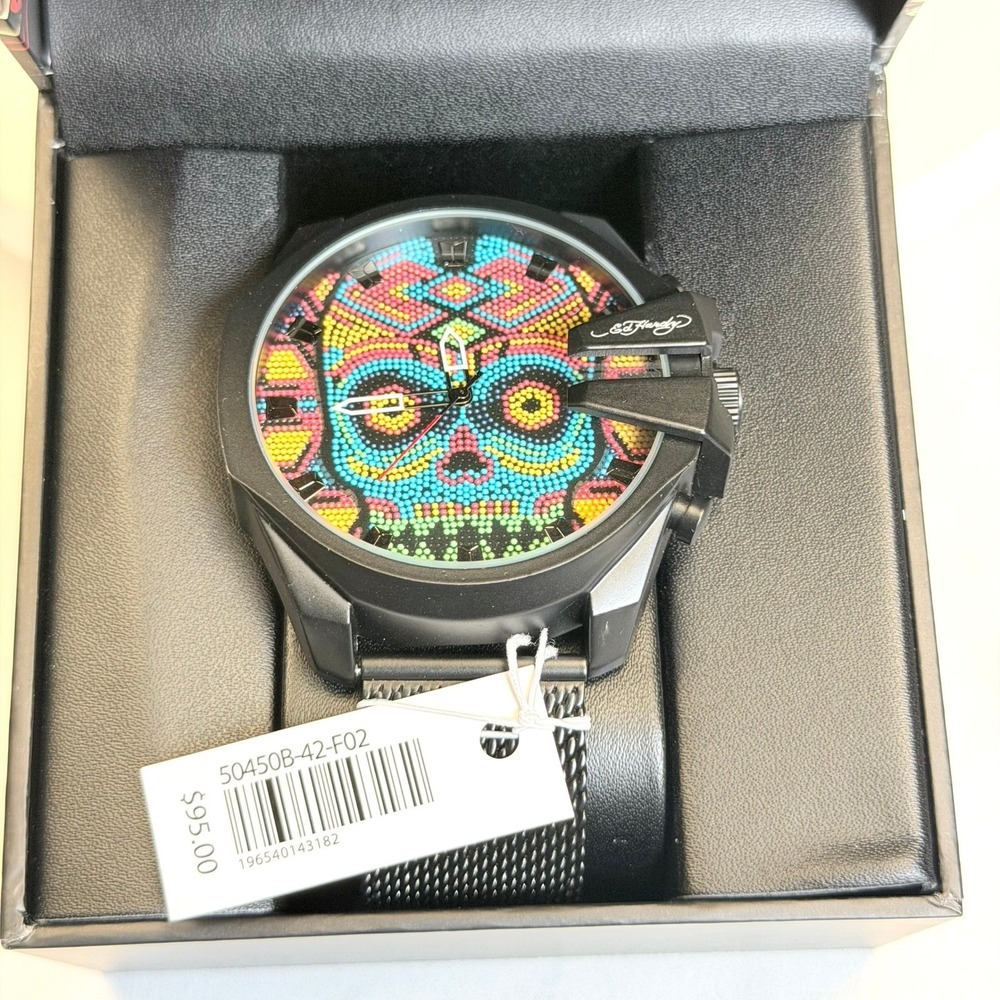 Ed Hardy Mens Sugar Skull Watch Black Mesh Band Tattoo Art 50450B-42-F02 New